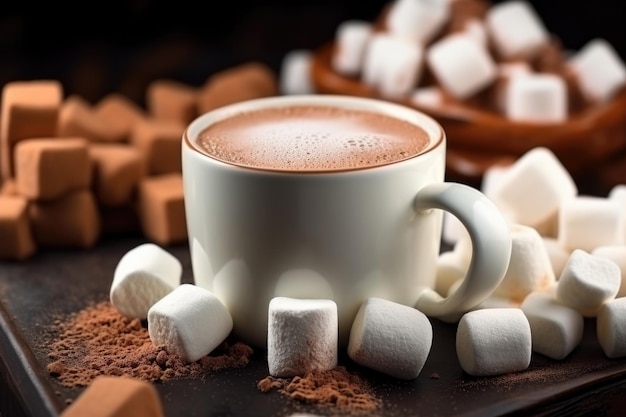 Colpo a macroistruzione di marshmallow galleggianti nella cioccolata calda