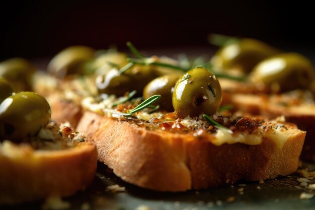 Colpo a macroistruzione di toast delle olive di una colazione fresca AI Generated