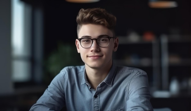 colpo alla testa ritratto sorridente uomo d'affari studente lavoratore con gli occhiali guardando la fotocamera felice satisf