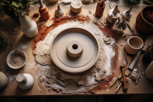 Colpo dall'alto del tornio da vasaio in ceramica con argilla e strumenti a rotazione mediana