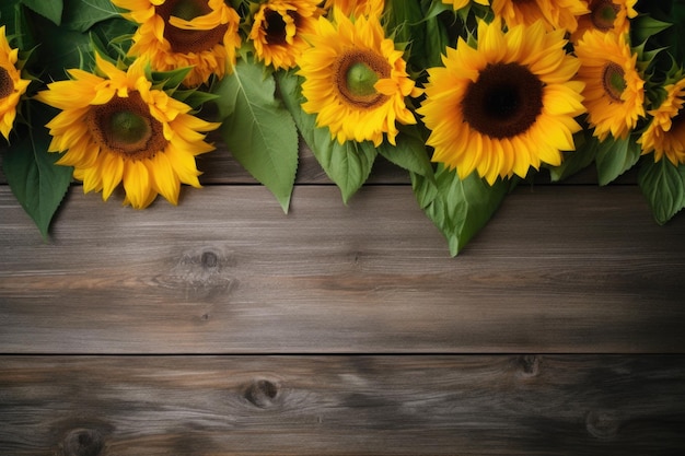 Colpo dall'alto di girasoli su un tavolo di legno rustico