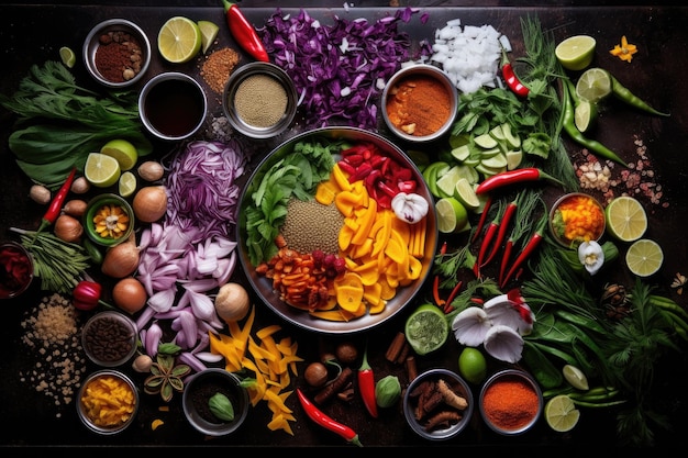 Colpo dall'alto di ingredienti colorati pronti per il wok