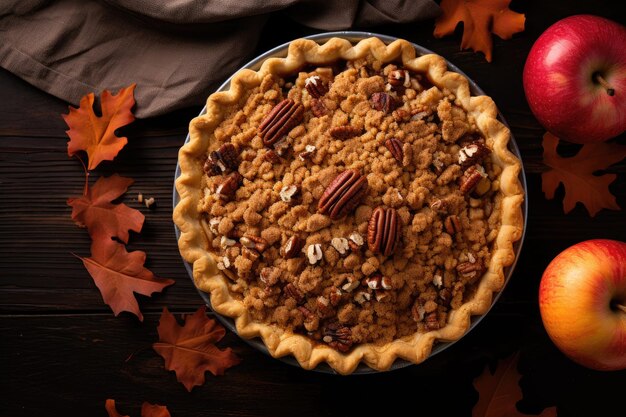 Colpo dall'alto di torte autunnali, noci pecan di zucca e crumble di mele con copyspace