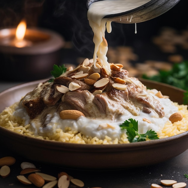 Colpo del primo piano del mansaf giordano con riso e guarnire