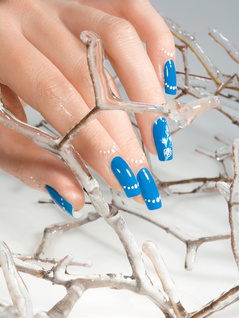 Colpo del primo piano della mano della donna con manicure invernale blu su xAbackground bianco