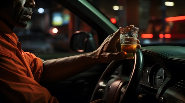 Colpo del primo piano della mano di un conducente che tiene una bevanda alcolica
