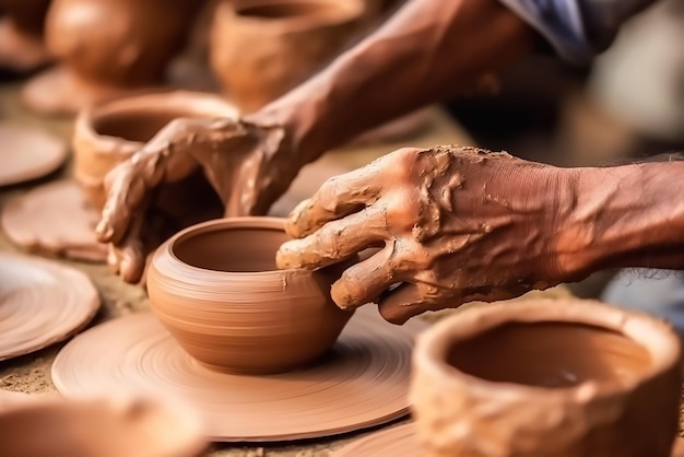 Colpo del primo piano di bella ceramica che fa usando l'argilla