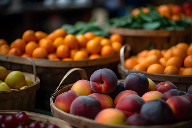 Colpo del primo piano di frutta e verdura fresca in un ambiente di mercato degli agricoltori Generativo Ai