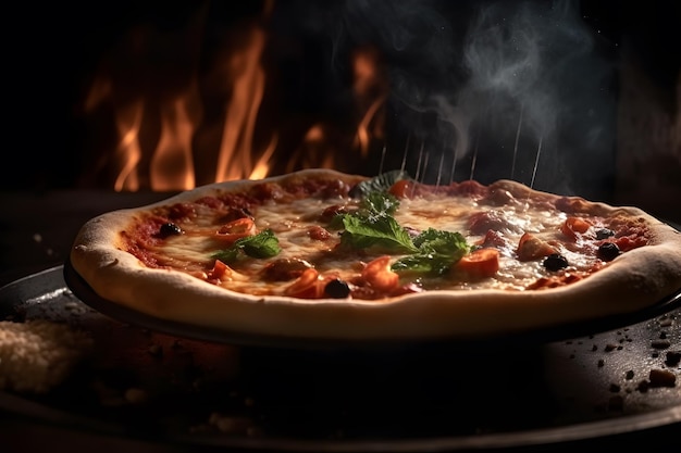 Colpo del primo piano di pizza al forno a legna calda fumante su un piatto di legno Ai generativo