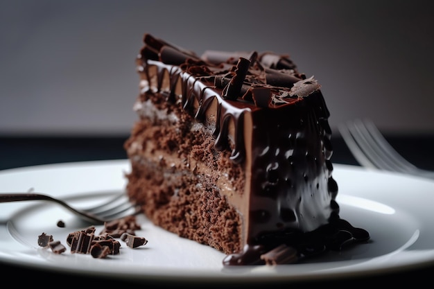 Colpo del primo piano di un pezzo di torta al cioccolato su un piatto bianco e cioccolato fuso