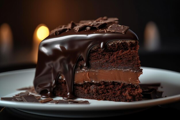 Colpo del primo piano di un pezzo di torta al cioccolato su un piatto bianco e cioccolato fuso