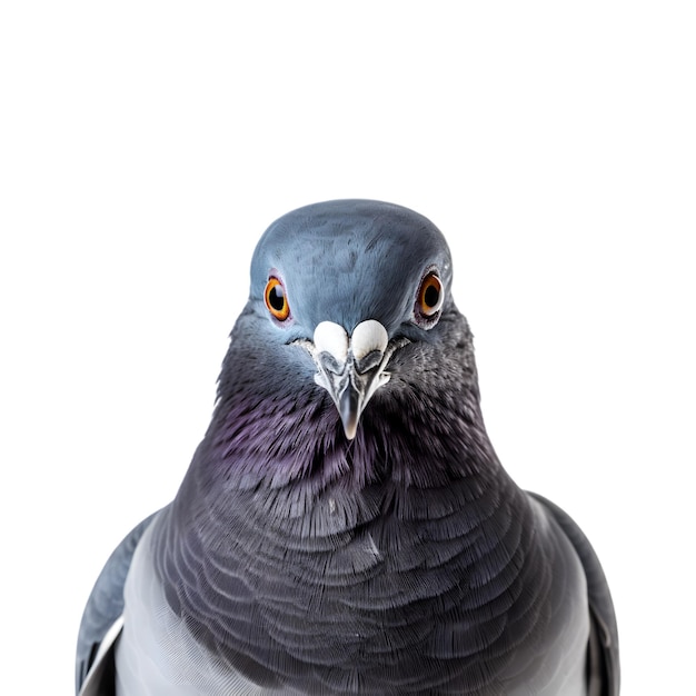 Colpo del primo piano di un piccione da corsa con bel piumaggio colorato isolato su uno sfondo bianco