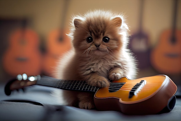 Colpo del primo piano di un simpatico gattino che tiene una piccola chitarra e posa per la fotocamera