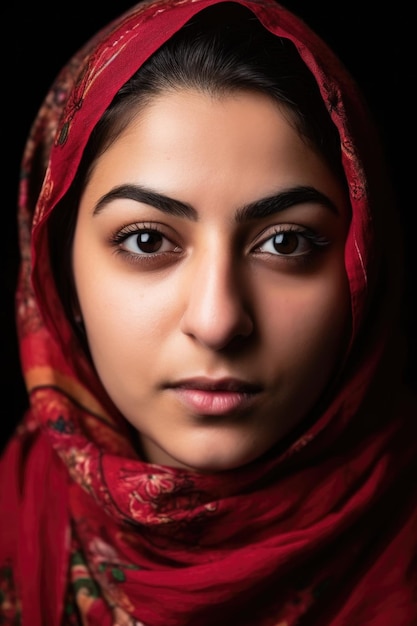 Colpo del primo piano di una giovane donna musulmana creata con intelligenza artificiale generativa