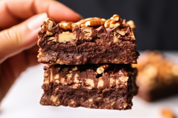 Colpo del primo piano di una mano che tiene un brownie condito con noci