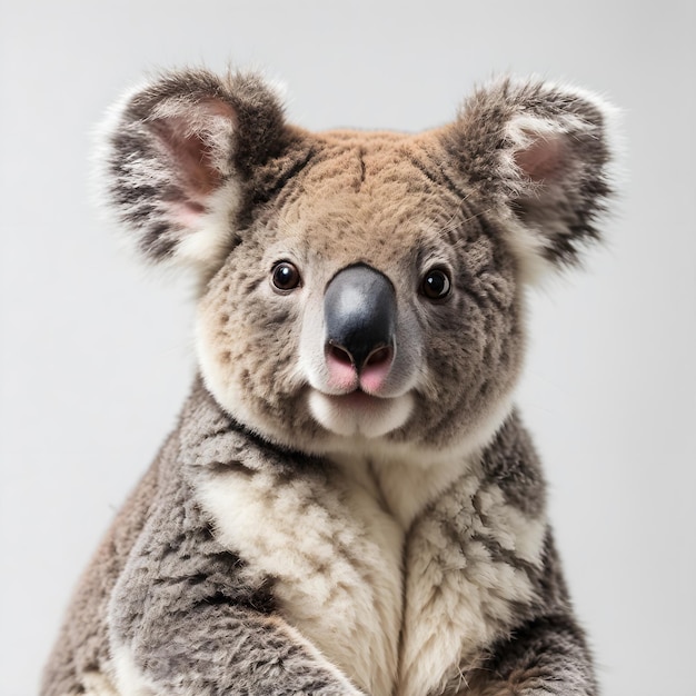 Colpo dello studio del primo piano di un koala solitario appollaiato su uno sfondo bianco incontaminato