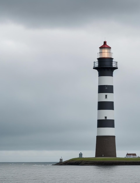 colpo di messa a fuoco del faro alto sul mare del Nord sotto un cielo nuvoloso su sfondo sfocato accogliente