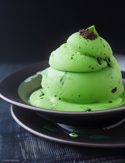 colpo di messa a fuoco del gelato verde ad alto angolo sul piatto su un accogliente sfondo sfocato notturno
