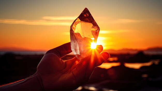 Colpo di messa a fuoco selettiva di una mano che punta il cristallo verso il concetto di silhouette del tramonto