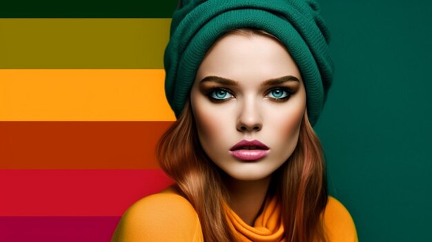 Colpo di moda di una bellissima giovane donna con trucco luminoso e cappello