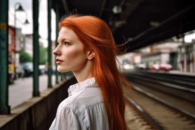 Colpo di retrovisore di una giovane donna in posa su uno sfondo urbano