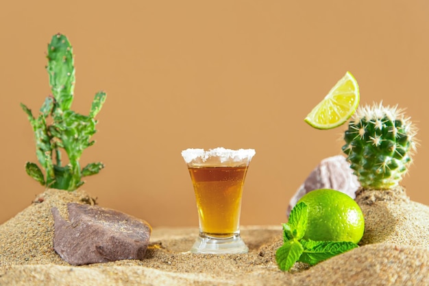 Colpo di tequila messicana con calce e sale tra dune di sabbia e cactus Sfondo beige