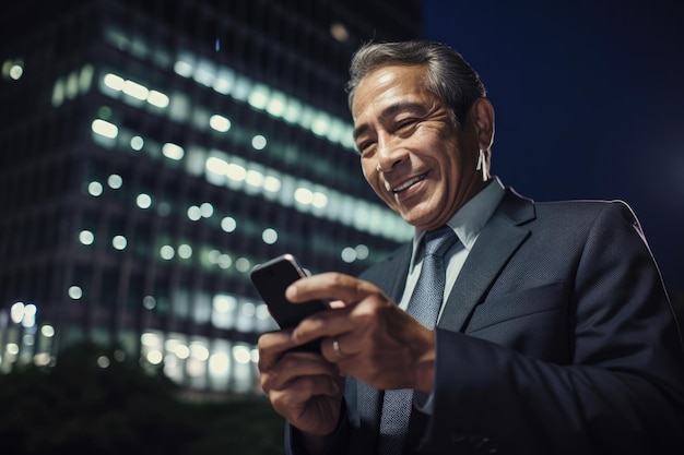 Colpo grandangolare di un dirigente d'affari ispanico messicano anziano che utilizza il telefono cellulare con sfondo di edifici per uffici moderni di notte IA generativa AIG18