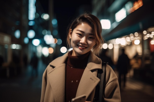 Colpo grandangolare di una giovane donna cinese giapponese vestiti alla moda utilizzando il telefono cellulare con sfondo di strada urbana di notte Generative AI AIG18