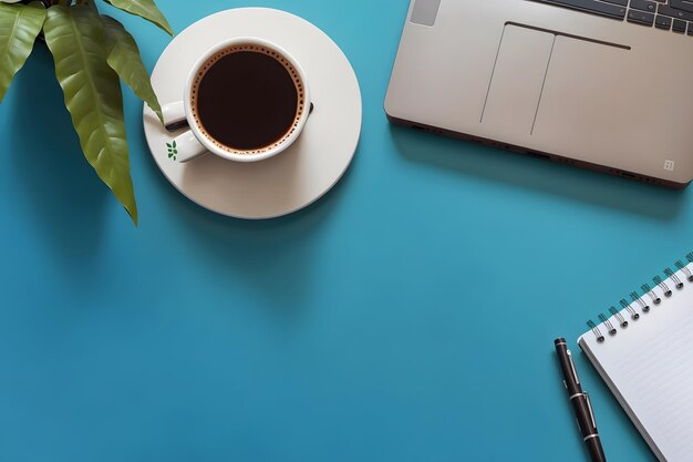 Colpo in stile Knolling della vista dall'alto della penna per notebook da caffè e della pianta verde