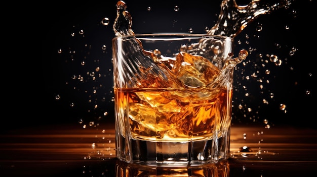 Colpo isolato di whisky con spruzzata su sfondo scuro