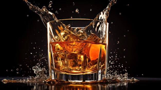 Colpo isolato di whisky con spruzzata su sfondo scuro