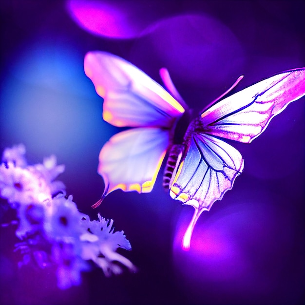 Colpo orizzontale di bella farfalla magica incandescente 3d illustrata