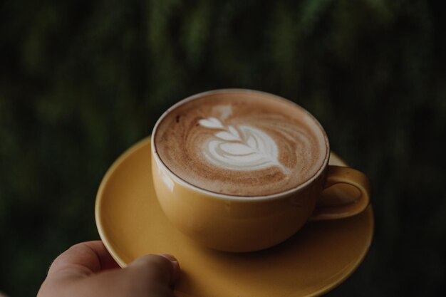 Colpo ritagliato di donna che tiene una tazza di cappuccino caldo su sfondo verde vista dall'alto