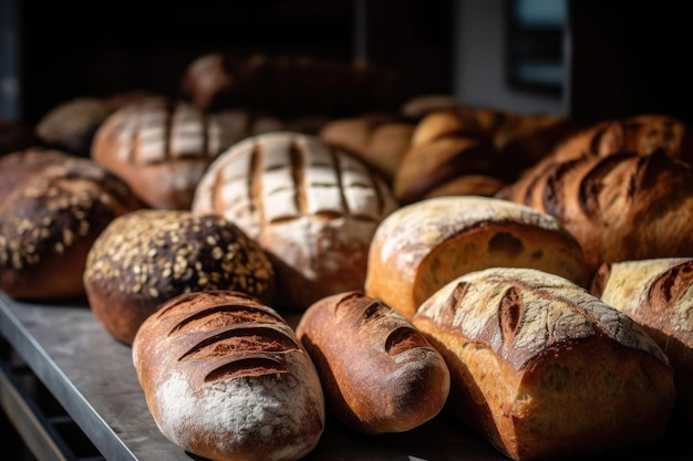 Colpo ritagliato di pane appena sfornato in una panetteria creata con l'IA generativa