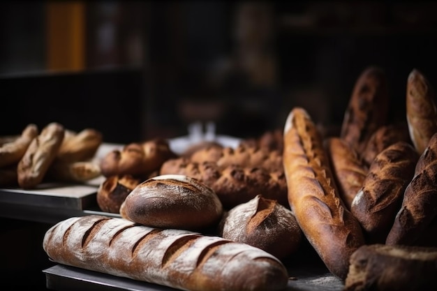 Colpo ritagliato di pane appena sfornato in una panetteria creata con l'IA generativa