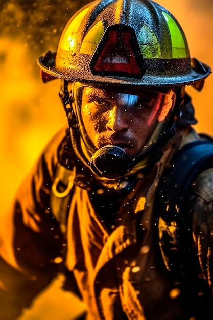 Colpo spettacolare del vigile del fuoco che esce dal fuoco