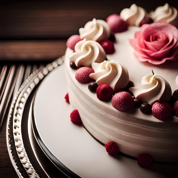 Colpo verticale del primo piano di una bella torta a due strati con decorazioni di rose