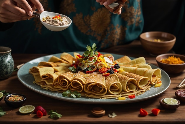 colpo verticale di deliziose frittelle di tofu vegano con frutti colorati