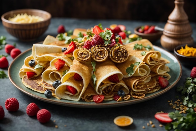 colpo verticale di deliziose frittelle di tofu vegano con frutti colorati