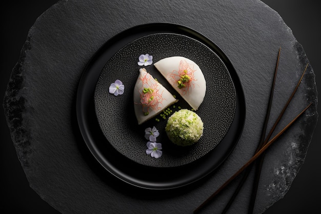 Colpo verticale di un flatlay di un piatto nero con carne di granchio onigiri ed edamame su uno sfondo di pietra nera