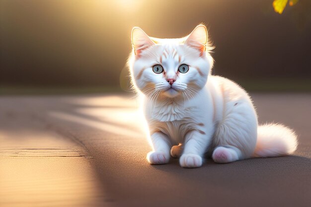 Colpo verticale di un gatto bianco a terra sotto la luce del sole