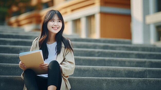 Colpo verticale di una ragazza asiatica seduta con un laptop e beve caffè sulle scale universitarie giovane studentessa