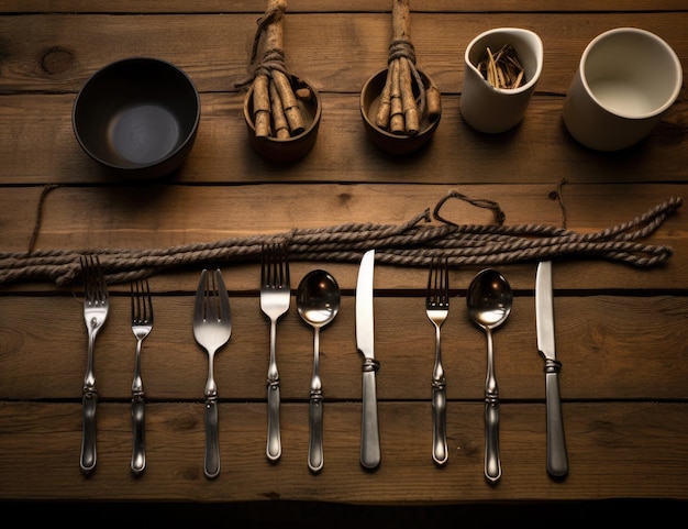 Coltelli, cucchiai, forchette e un coltello su un legno scuro.