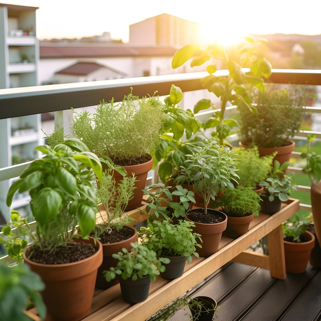 Coltivare erbe aromatiche in vaso sul balcone di casa in una giornata di sole Fai da te