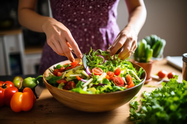 Coltivare uno stile di vita sano Una bellissima giovane donna prepara un'insalata vegana ricca di nutrienti nel suo kit