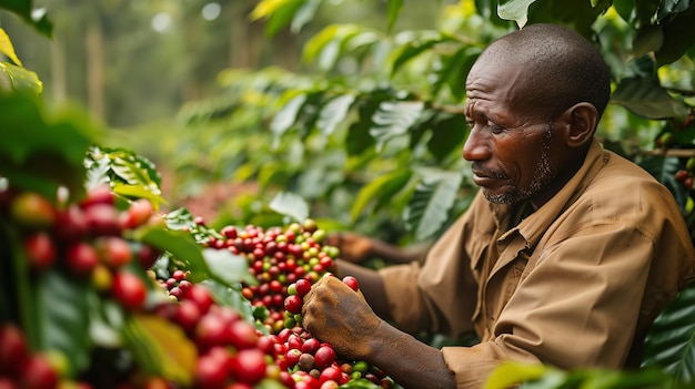 Coltivatore africano che lavora nel suo campo di caffè in Tanzania con un grande spazio per la copia AI generativa