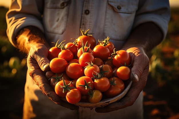 Coltivatore che detiene pomodori freschi al mattino Alimenti Verdure Agricoltura