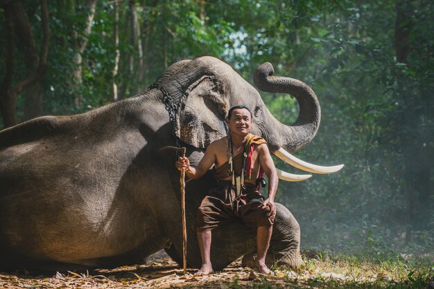 Coltivatore tailandese che cammina con l'elefante nella giungla