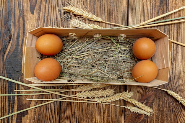 Coltivi le uova marroni con paglia in primo piano della scatola di corteccia di betulla con lo spazio della copia