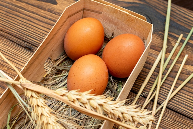 Coltivi le uova marroni con paglia in primo piano di legno del contenitore di corteccia di betulla